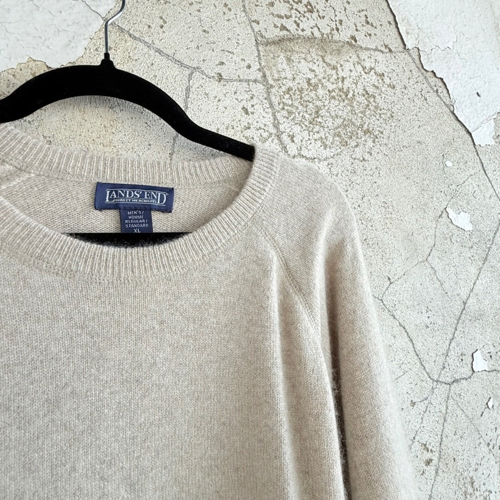 Lands End Cashmere Sweater Oatmeal Beige Crewneck Mens XL Classic Preppy Luxury - Picture 5 of 10